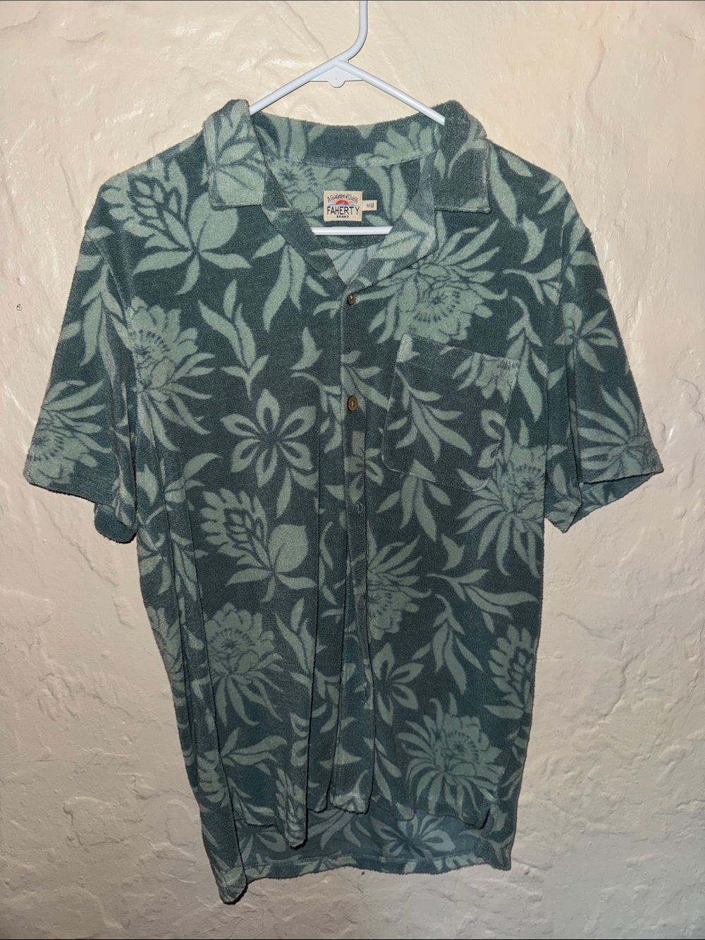 Faherty Short Sleeve Floral Terrycloth Shirt in Teal and Mint